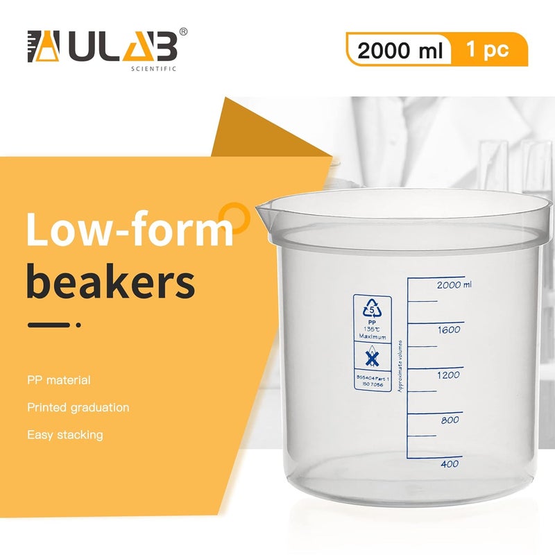 ULAB Scientific Stackable Graduated Plastic Beakers, Vol.2000ml(68oz), with Easy-to-Read Printings in Blue, UBP1017 - Image 2